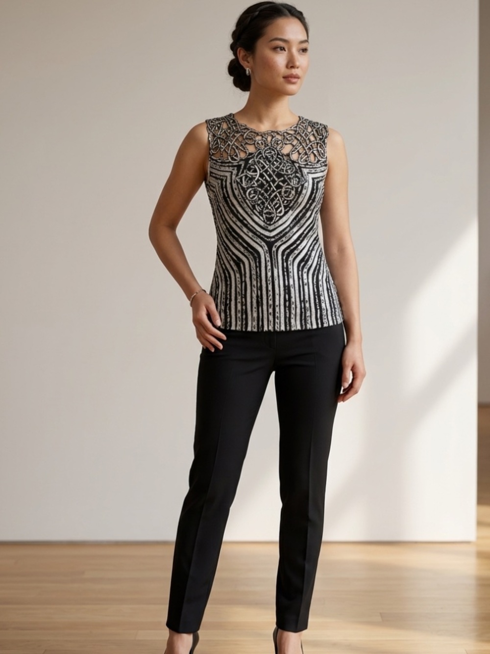 Ness Beautiful Black and White Geometric and Striped Sleeveless Blouse